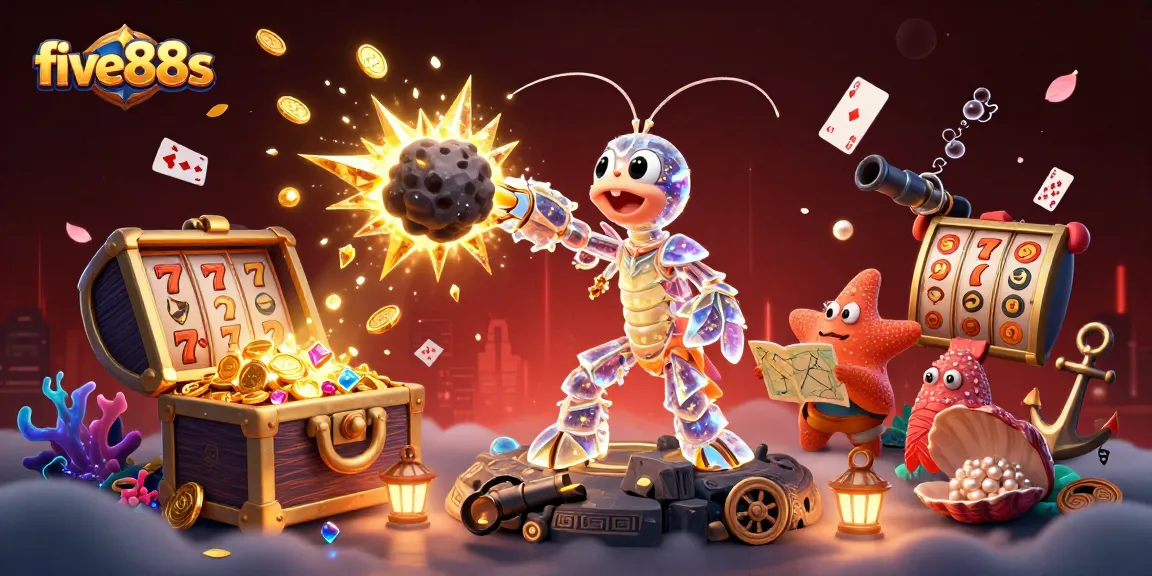 Five88s casino adventure with galactic mantis shrimp, slot reels, and exploding treasures.