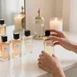 Dior Vanilla Diorama fragrance samples on vanity with a person applying perfume in an elegant setting.