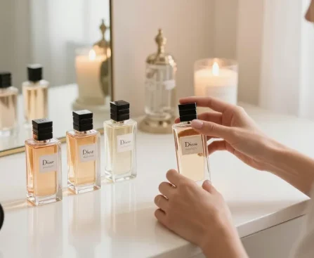 Dior Vanilla Diorama fragrance samples on vanity with a person applying perfume in an elegant setting.