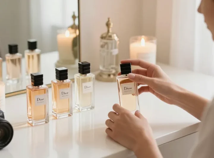 Dior Vanilla Diorama fragrance samples on vanity with a person applying perfume in an elegant setting.